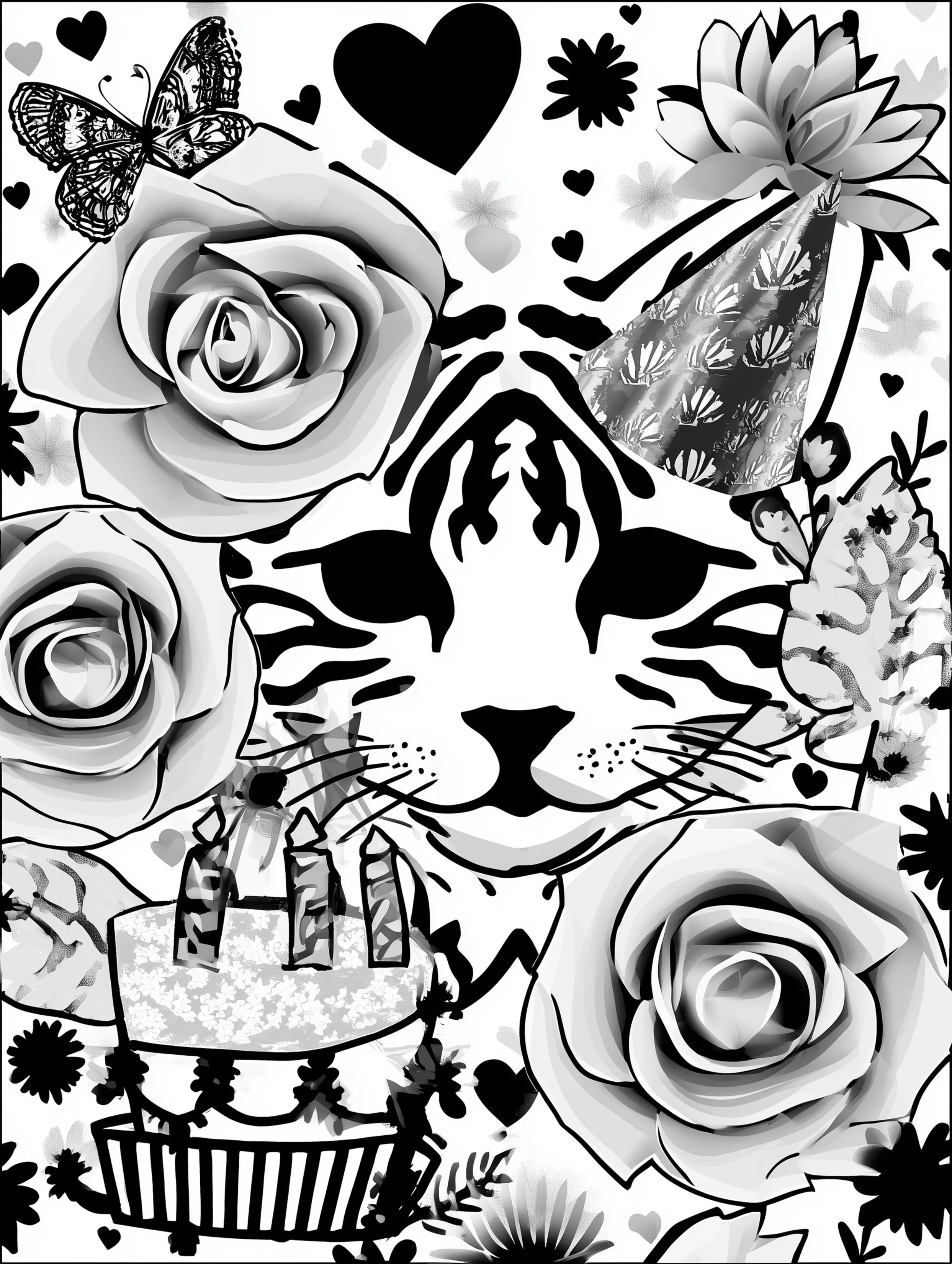 Free printable cats coloring page featuring a cat with a three candle cake